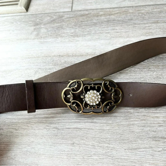 Vintage Jacob Jr Brown Leather  Rhinestones Floral Buckle Belt - Picture 3 of 14